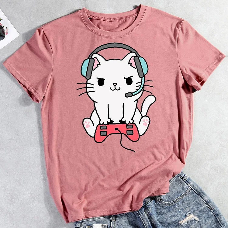 Gamer Cat Round Neck T-shirt