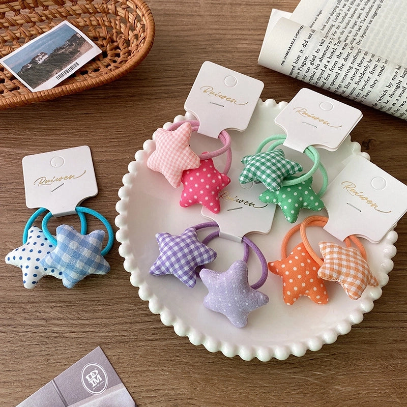 2 Korean Style Sweet Fabric Cotton Filled Colorful Five-Pointed Star Plaid Polka Dot Hair Ring Children Girl Hair Accessory For Ponytail
