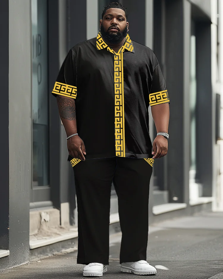 Men's Plus Size Business Hugh Collar Cuff Pants Pocket Printed Short Sleeve Shirt Suit