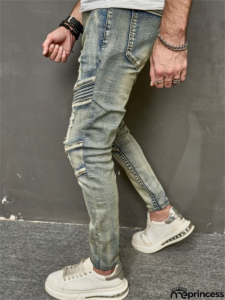 Men's Blue Ripped Elastic Slim Fit Casual Jeans