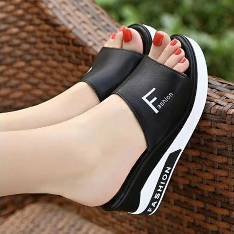 Summer Outdoor Women's Wedges Slippers Slip-On Shoes Woman Flat Peep Toe Breathable Soft Platform Leather Sandals Platform Shoes