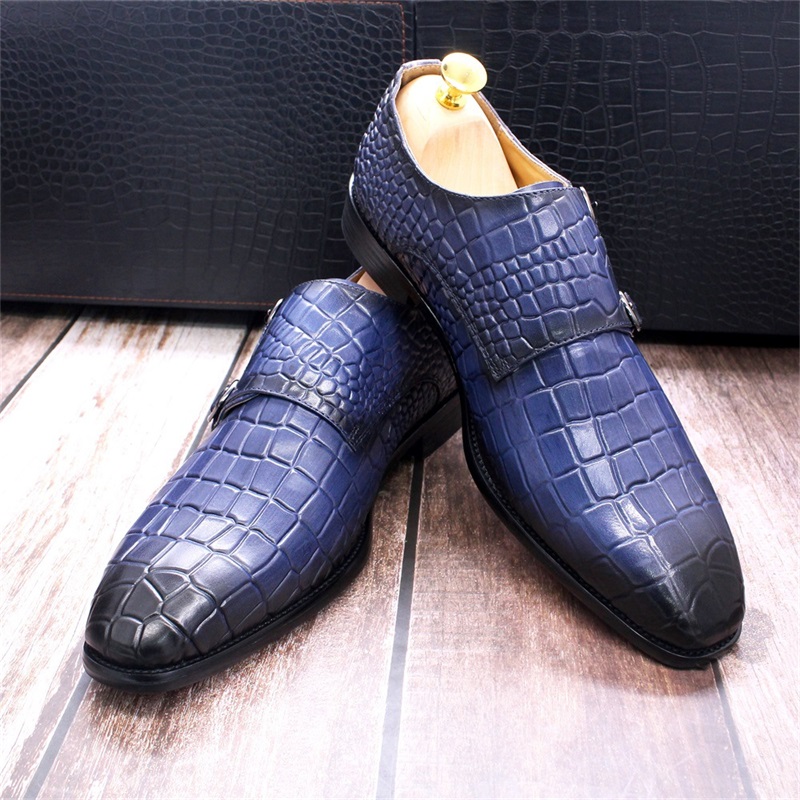 Italian Handmade Double Buckle Crocodile Print Monk Shoes DANRRIO.COM DANRRIO
