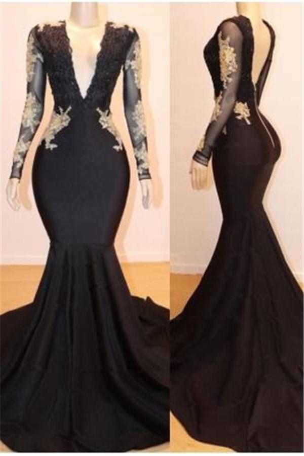 Dresseswow Black Long Sleeve Mermaid Evening Prom Dress With Lace Appliques