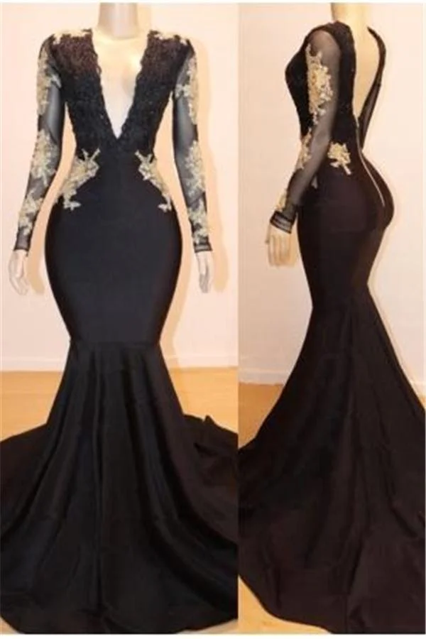 Black Long Sleeves MermaidProm Dresses With Lace Appliques - lulusllly