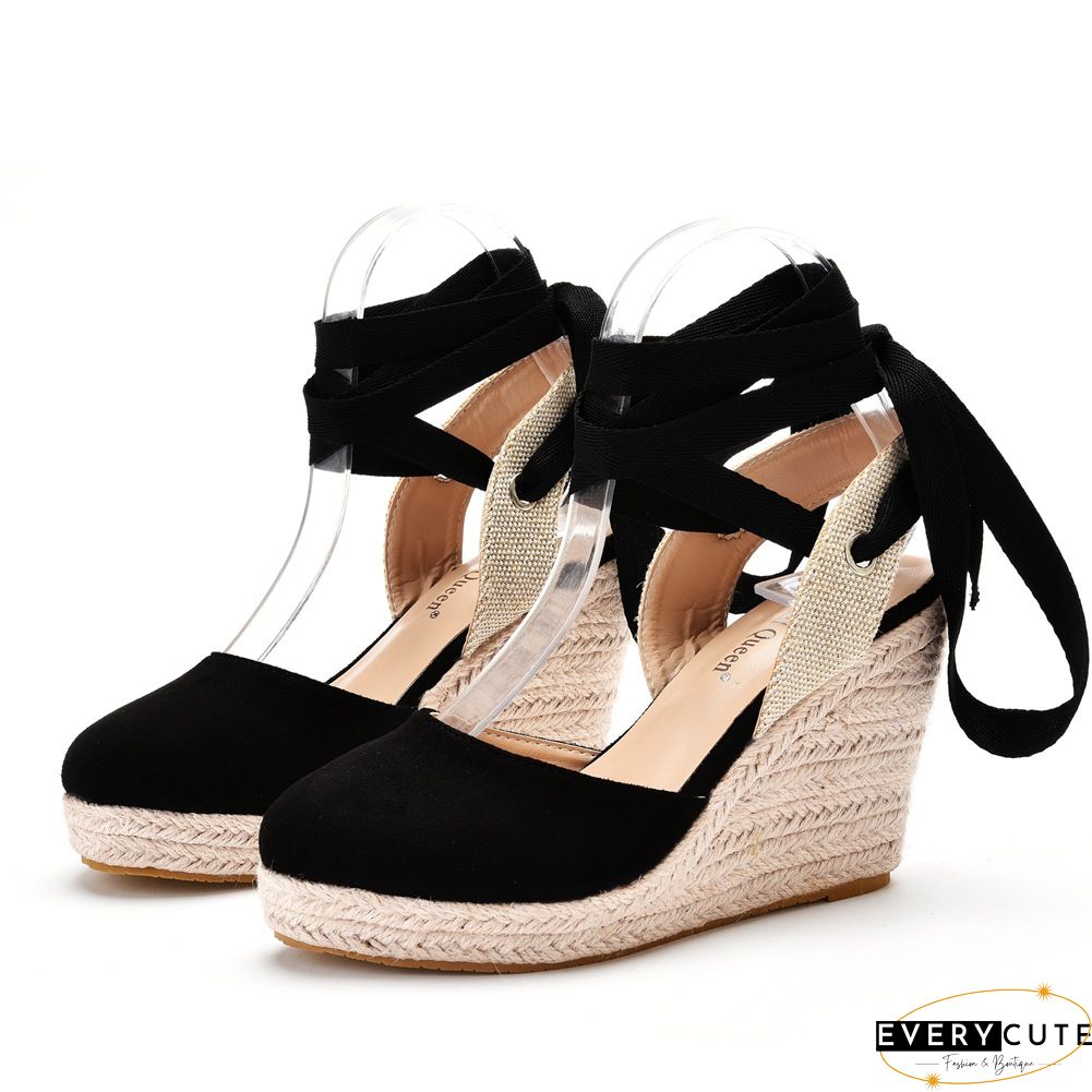 Strappy Woven Flax Suede Wedge Sandals
