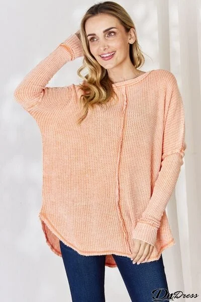 Zenana Oversized Washed Waffle Long Sleeve Top