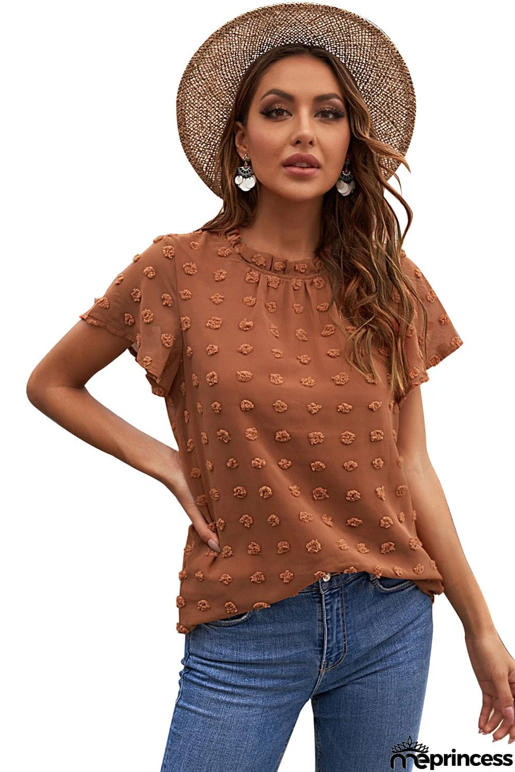 Brown Short Ruffled Sleeve Swiss Dot Blouse