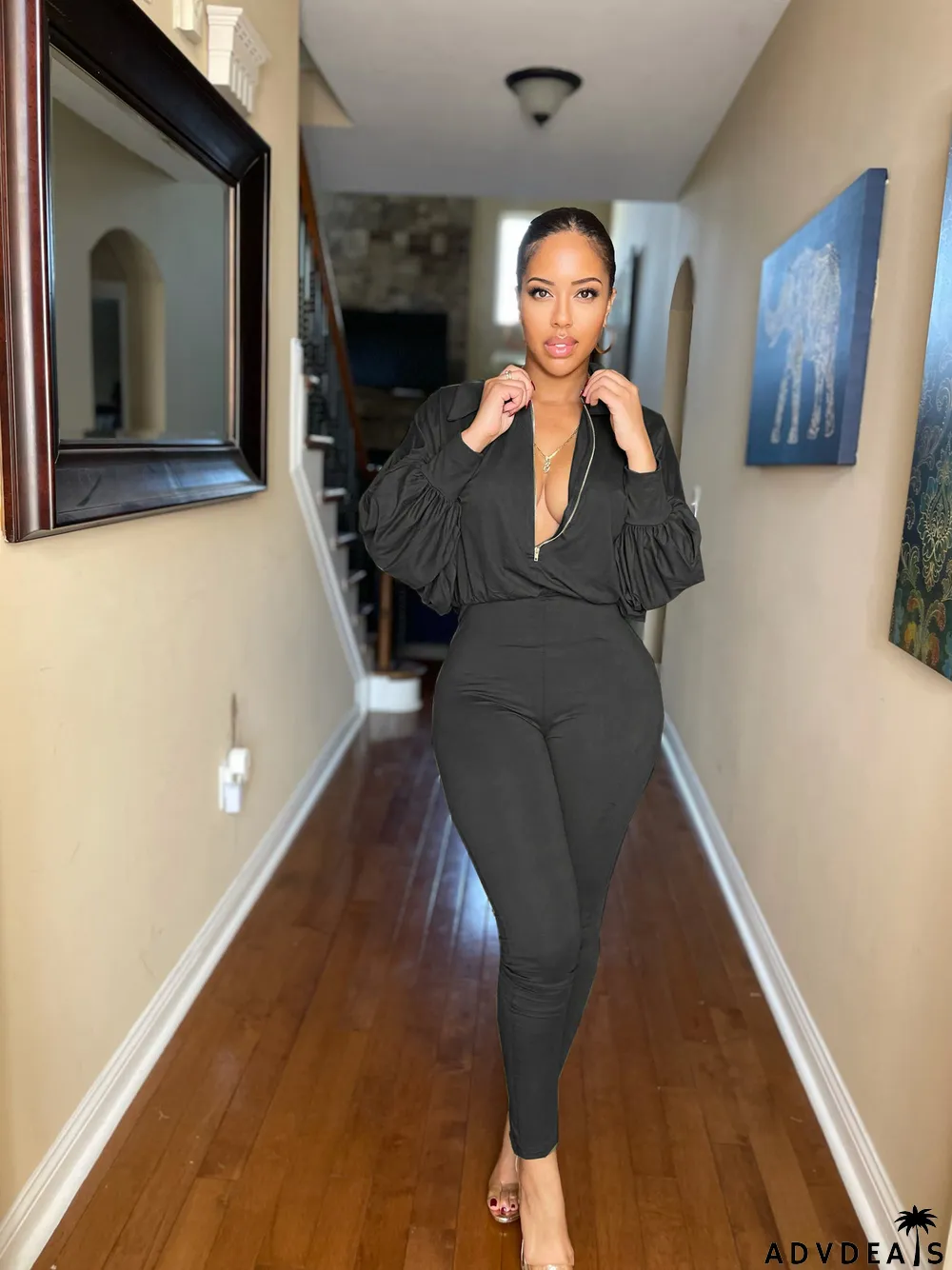 Plus Size Fashion Solid Color Zipper Jumpsuit