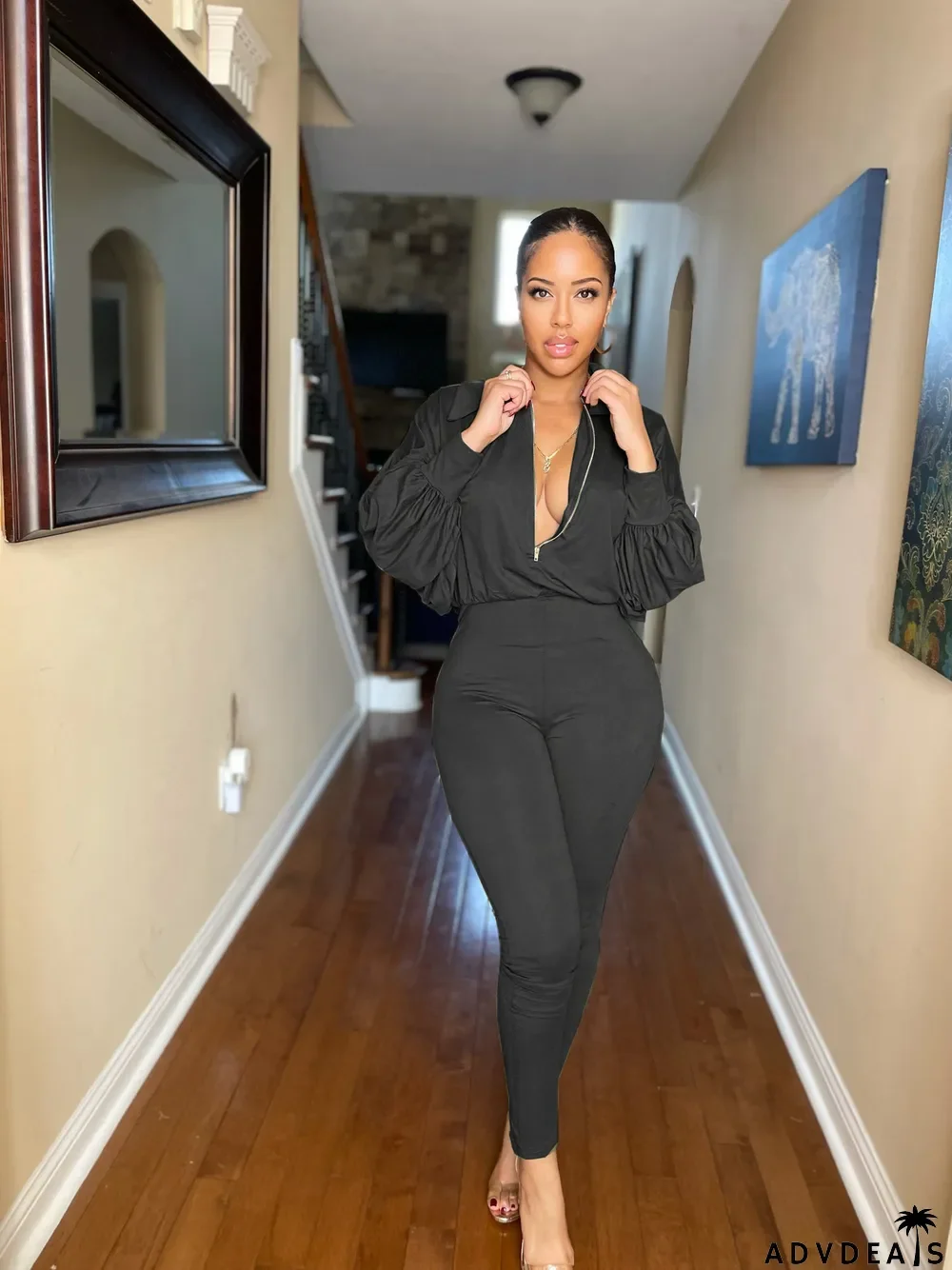 Plus Size Fashion Solid Color Zipper Jumpsuit