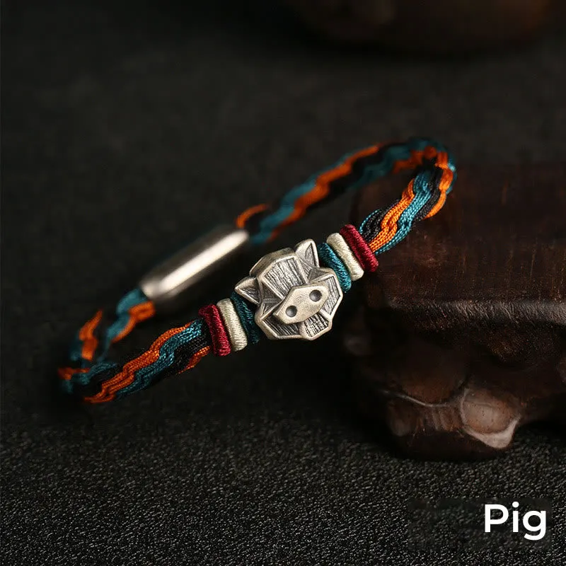 Handmade 999 Sterling Silver Year of the Dragon Chinese Zodiac Protection Colorful Reincarnation Knot Rope Bracelet