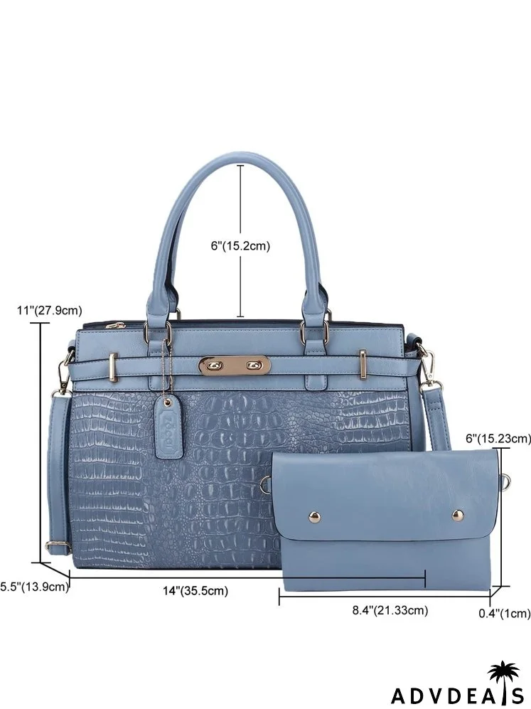 Crocodile Embossed Top Handle Bag With Long Wallet