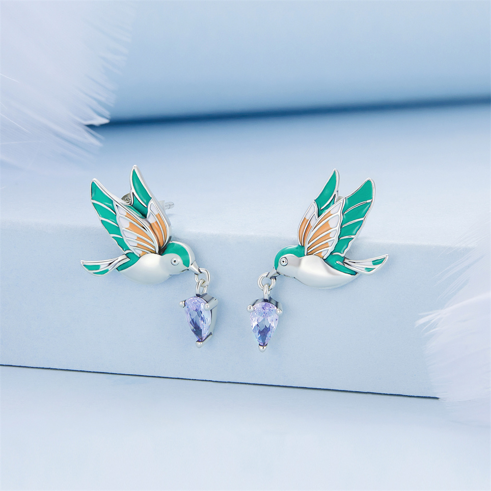 JadeAngel 925 Sterling Silver Bird Jewelry Set - Dainty Enamel Bird Earrings, Ring & Bracelet