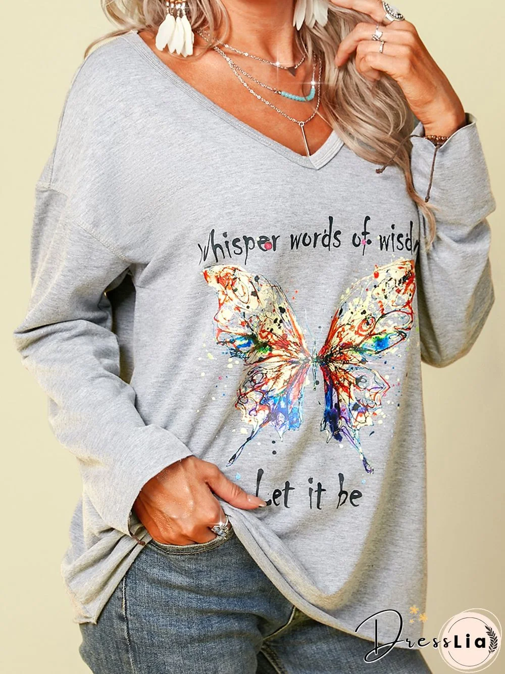 Gray V Neck Letter Casual Cotton Sweatshirts