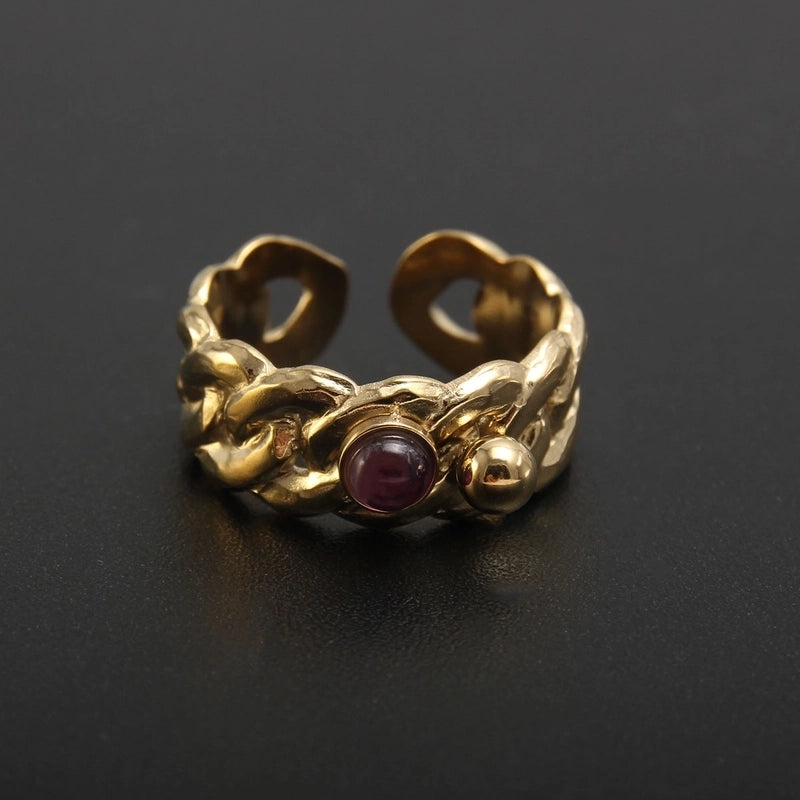 304 Stainless Steel 18K Gold Plated Baroque Style Plating Inlay Solid Color Natural Stone Open Rings