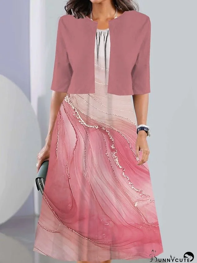 Two Piece Dress Set Casual Dress Chiffon Dress Daily Going out Fashion Streetwear Pocket Print Midi Dress Crew Neck Half Sleeve Ombre Marble Print Loose Fit Pink Navy Blue Dark Green Summer for Women