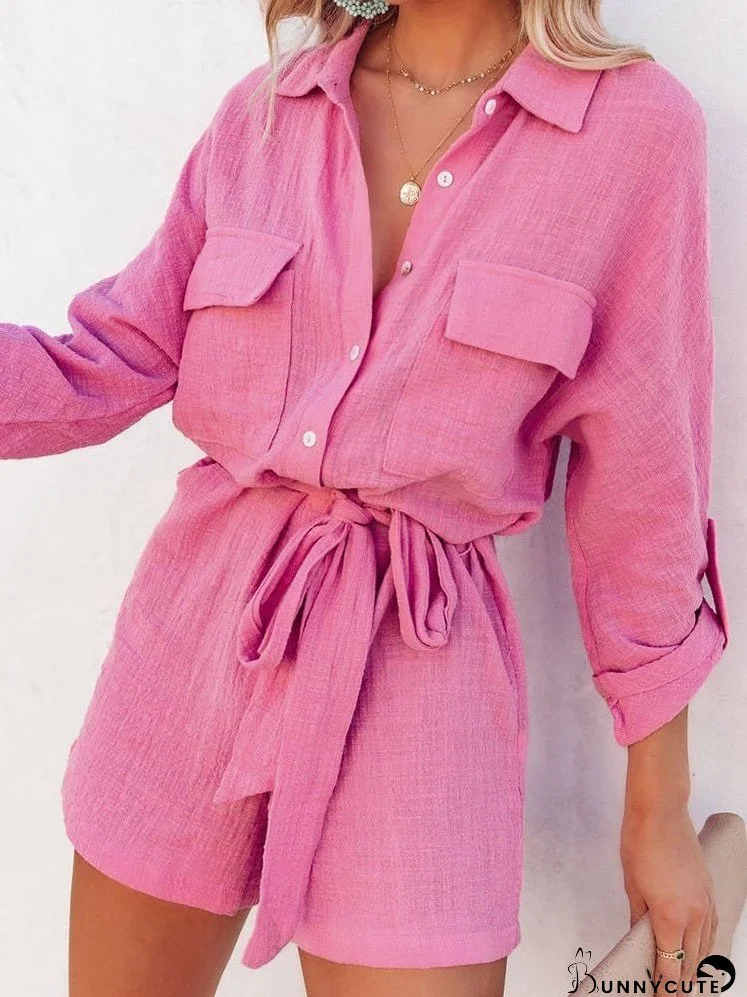 Jumpsuits Button Shirt Collar Belted Long Sleeve Jumpsuit for Women