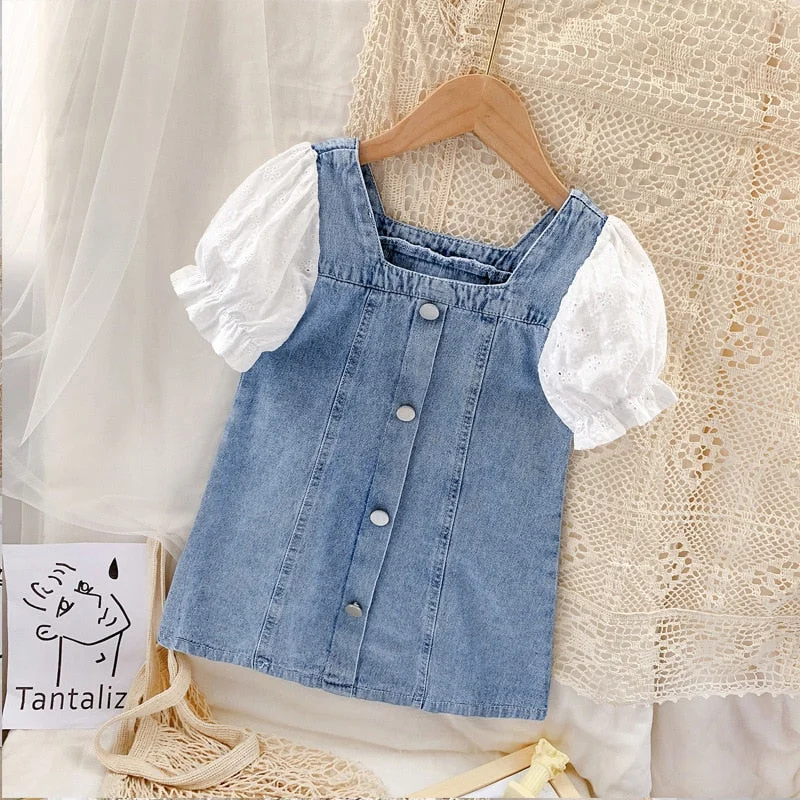 Gooporson Summer Little Kids Dresses for Girls Lace Short Sleeve Princess Dress Denim Costume Vestidos Korean Toddler Clothes