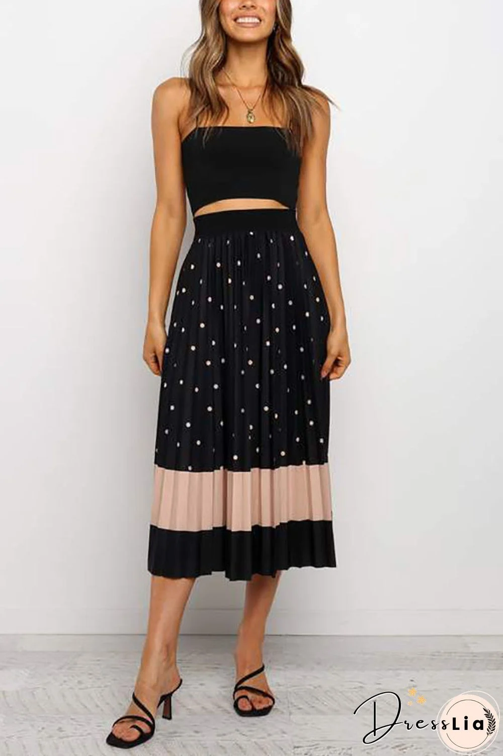 Polka Dot Color Block Pleated Midi Dress
