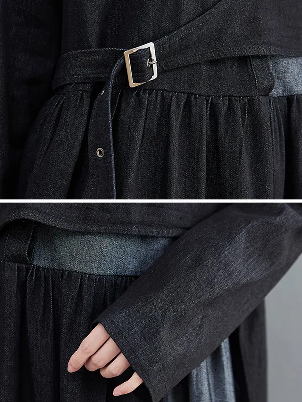 Long Sleeves Skinny Belted Buttoned Split-Joint Lapel Midi Dresses Shirt Dress