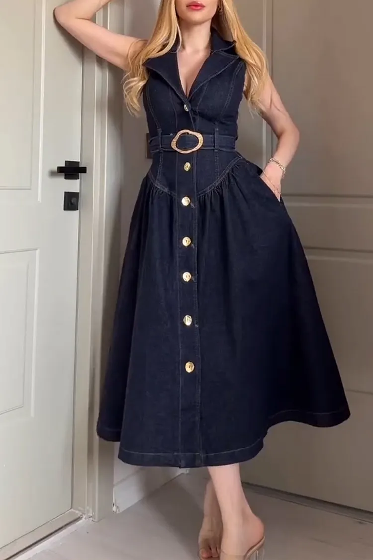 Women's Elegant Lapel Button Front Denim Dress with Belt