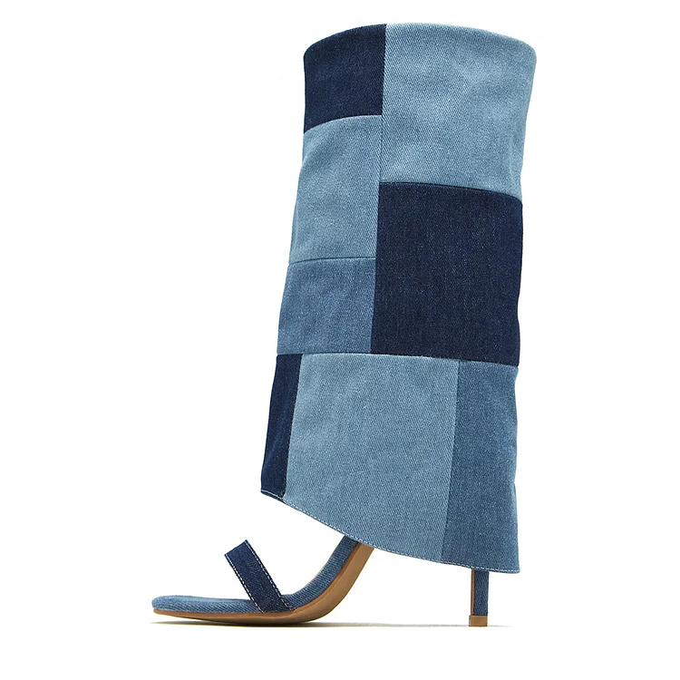 Blue Color Block Patchwork Open Toe Fold Over Denim Heeled Sandals |FSJ Shoes