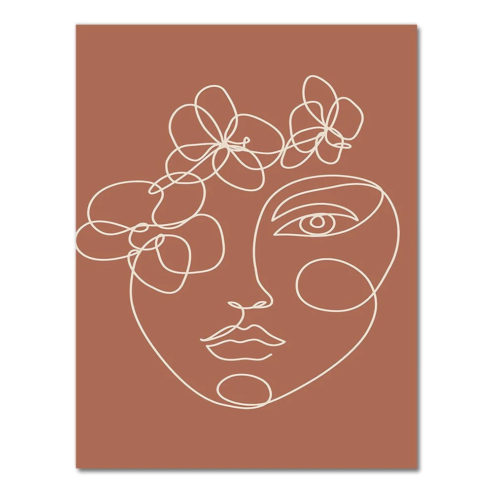 Abstract Burnt Orange Wall Art Canvas Painting Terracotta Rainbow Minimalist One Line Face Drawing Poster Boho Prints Home Decor