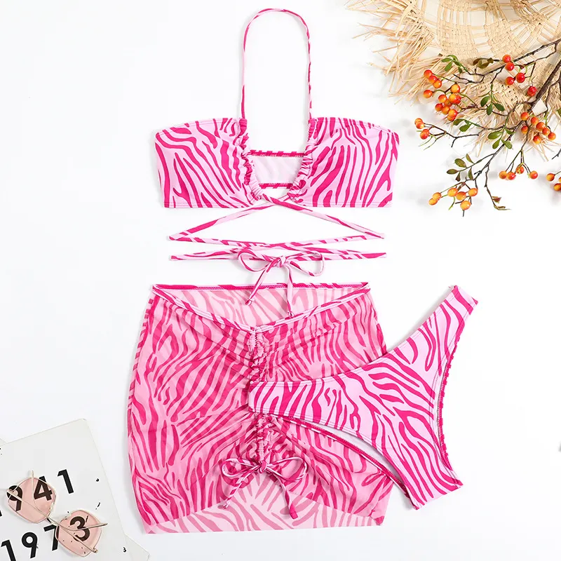 Brownm 2023 New Striped Print Drawstring With Three-Piece Swimsuit Bikini Swimsuit