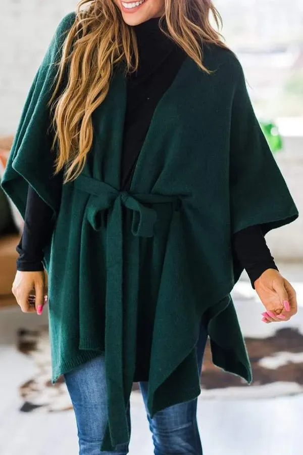Solid Color Belt Batwing Sleeve Coat