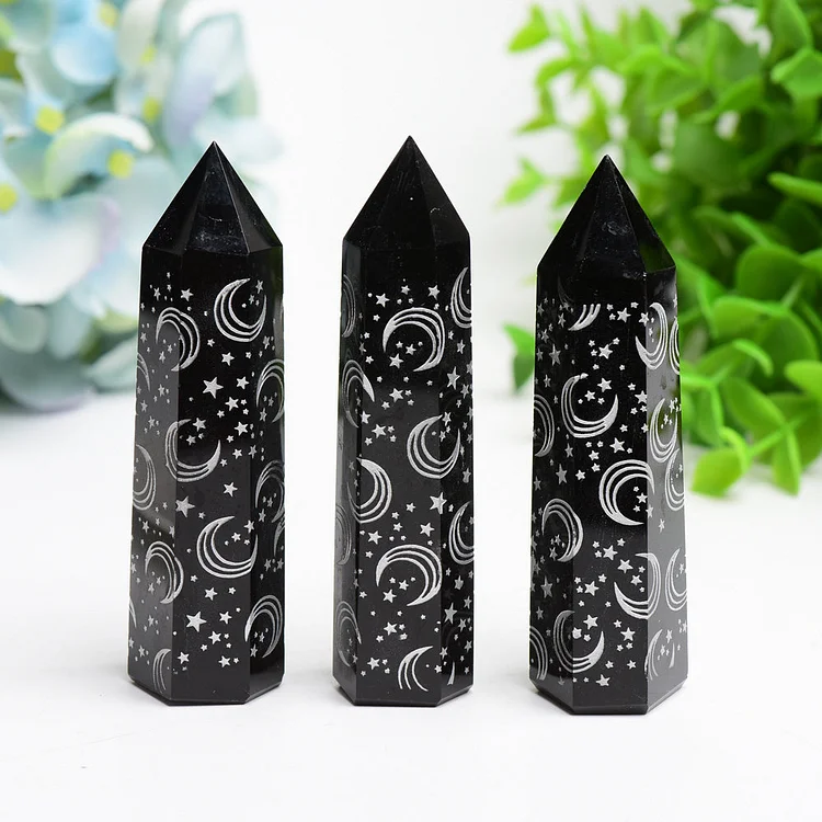 3.0"-3.5" Black Obsidian Crystal Point with Silver Moon Star Printing