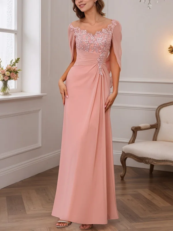 A-Line/Princess Illusion Scoop Appliques Ruched Mother of the Bride Dresses with Cape