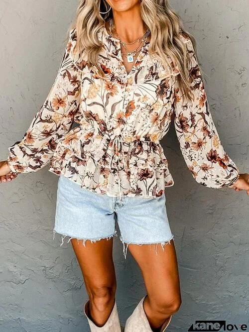 Drawstring Floral Lantern Sleeve Blouse