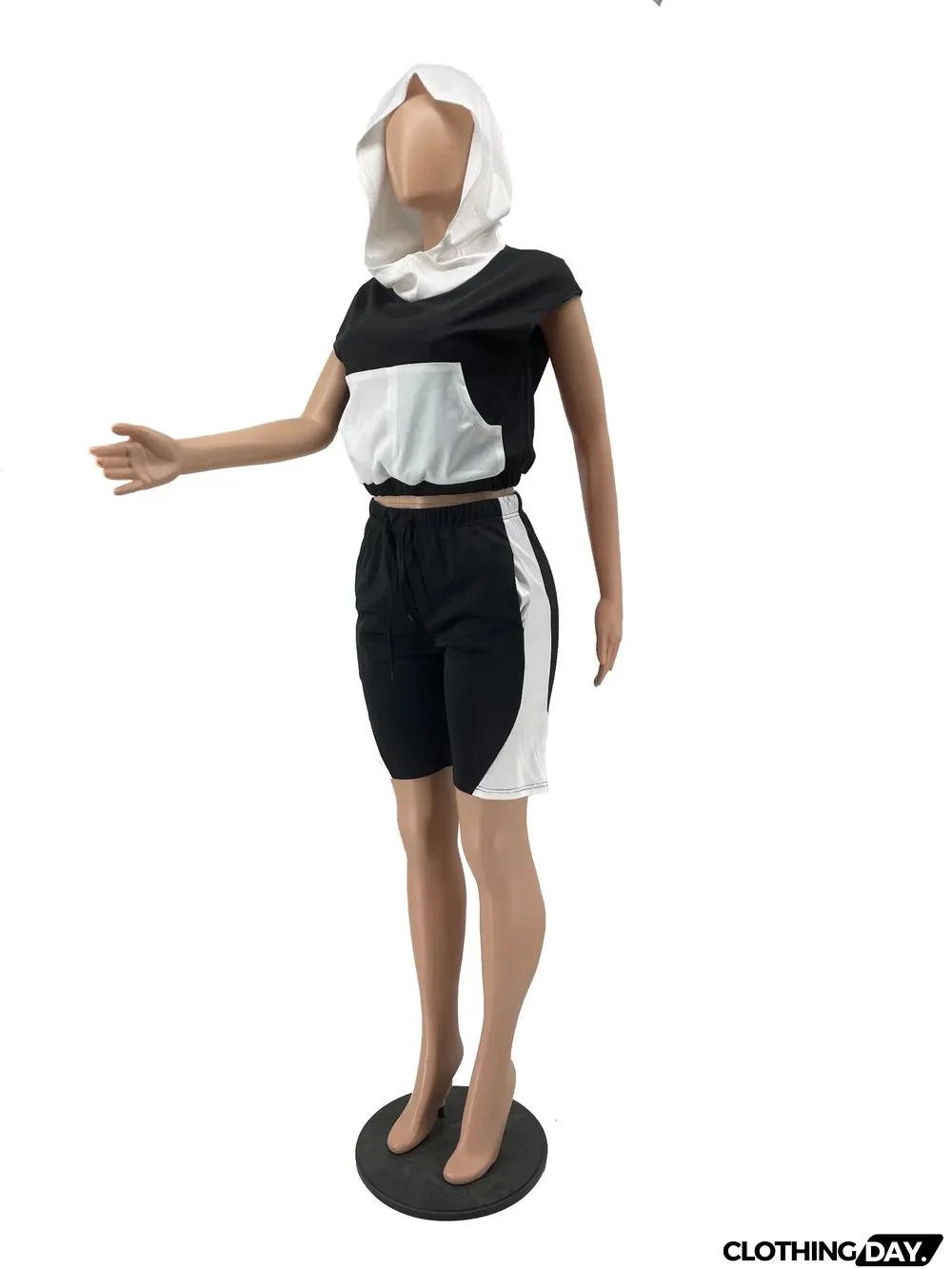 Contrast Color Hooded Sweatshirt Shorts 2 Piece Set