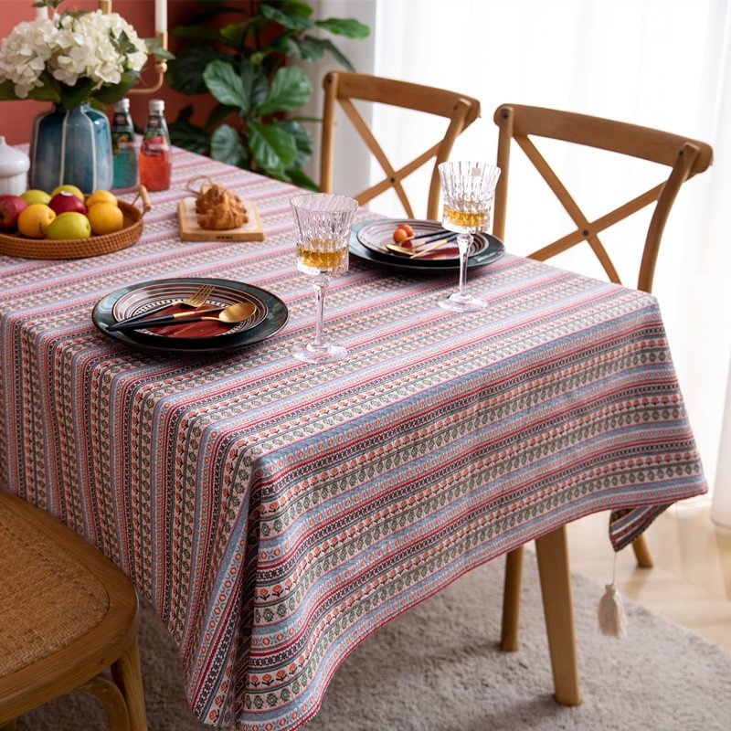 Ethnic Bohemian Yarn-dyed Striped Big Tassel Tablecloth-Besturer