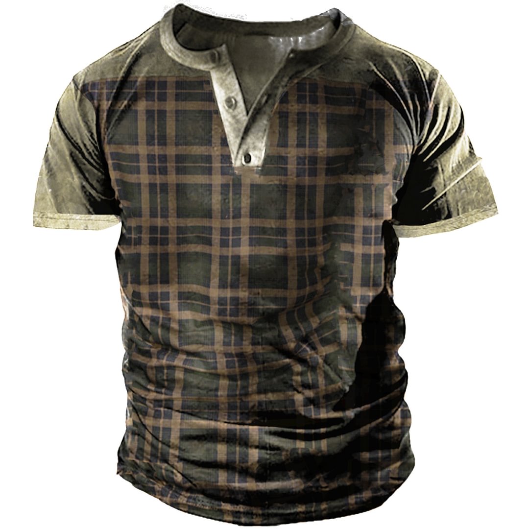 Men's Outdoor Vintage Check Print Henley Shirt-Compassnice®