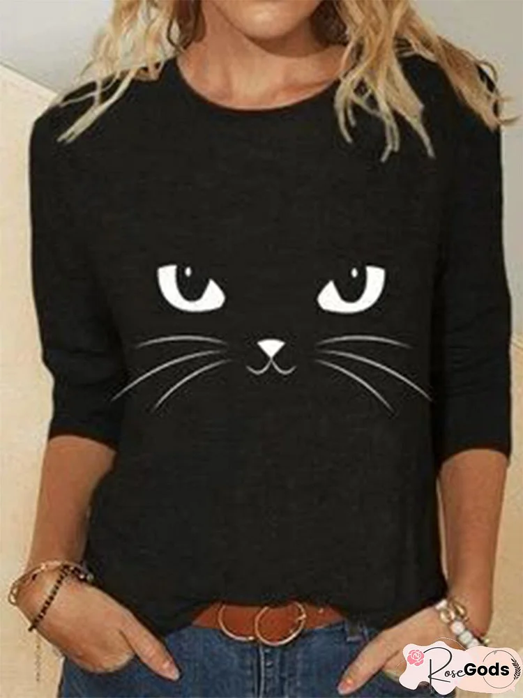 Women Casual Autumn Cat Daily Long Sleeve Crew Neck Regular H-Line Regular Size T-Shirt