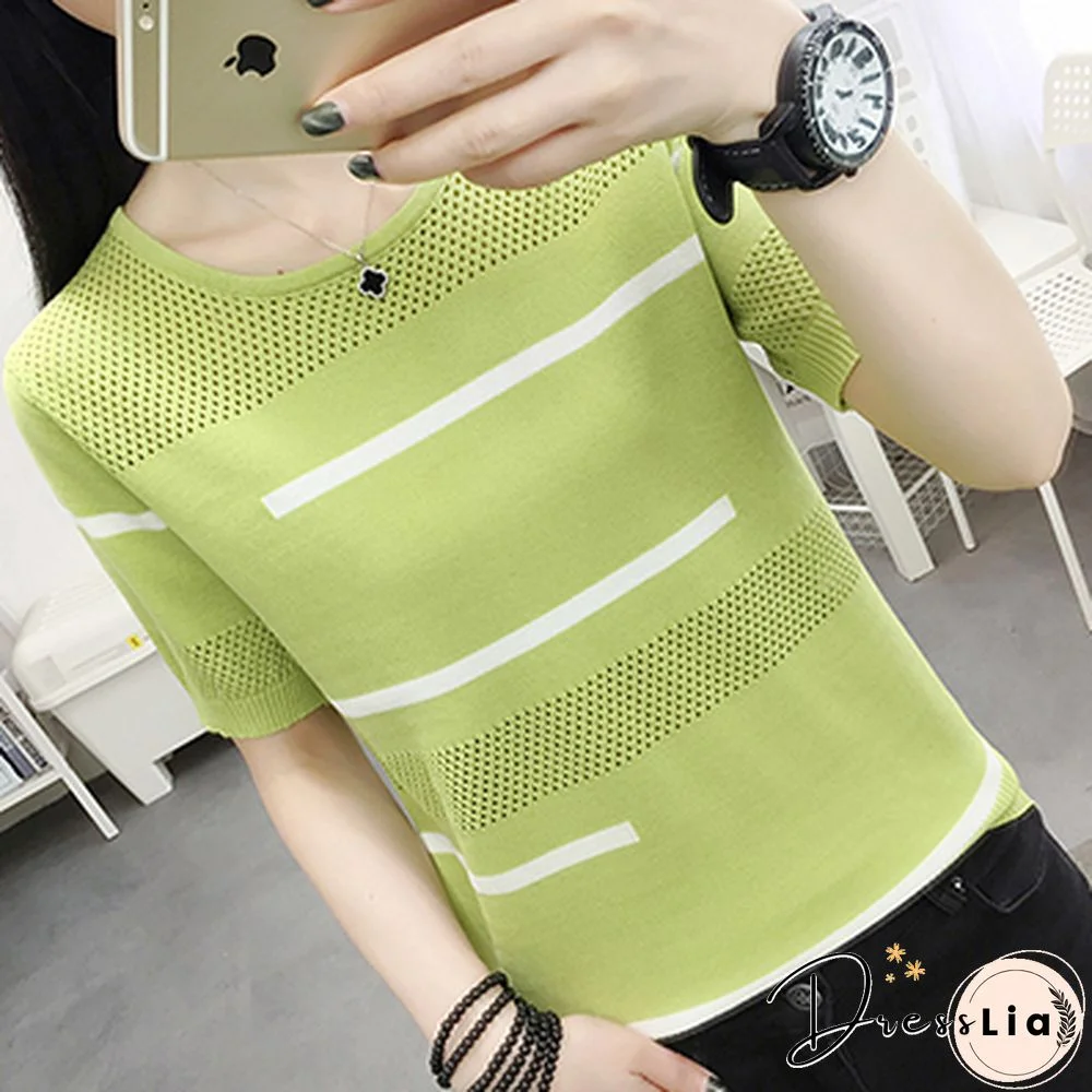 Thin Summer Hollow Out Striped T Shirt Women Tshirt Knitted Korean T-Shirt Woman Clothes Tee Shirt Femme Camisetas Mujer