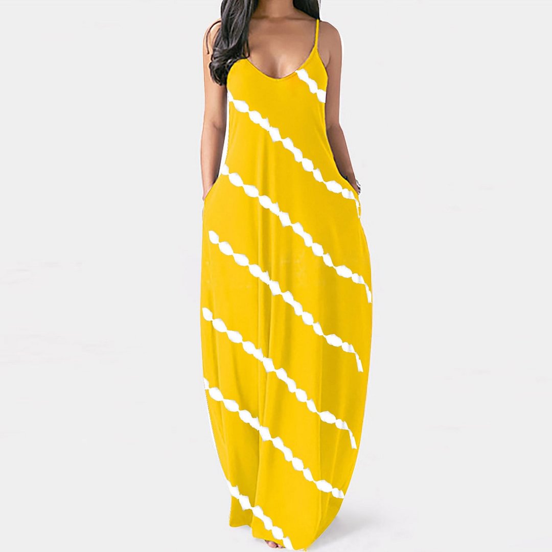 Printed Striped Sexy Sleeveless Collar Super Long Dress Leisure Vest Women With Pockets