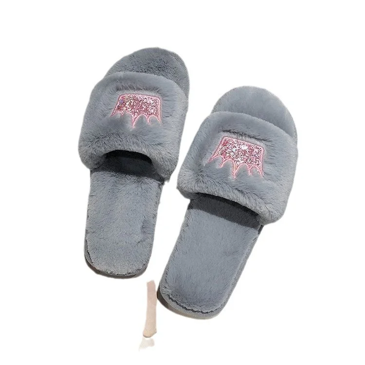 Wongn Wongn Winter New Korean Version Of The Crown Sequins One-Word Plush Warm Wool Slippers Flat Cotton Drag Female