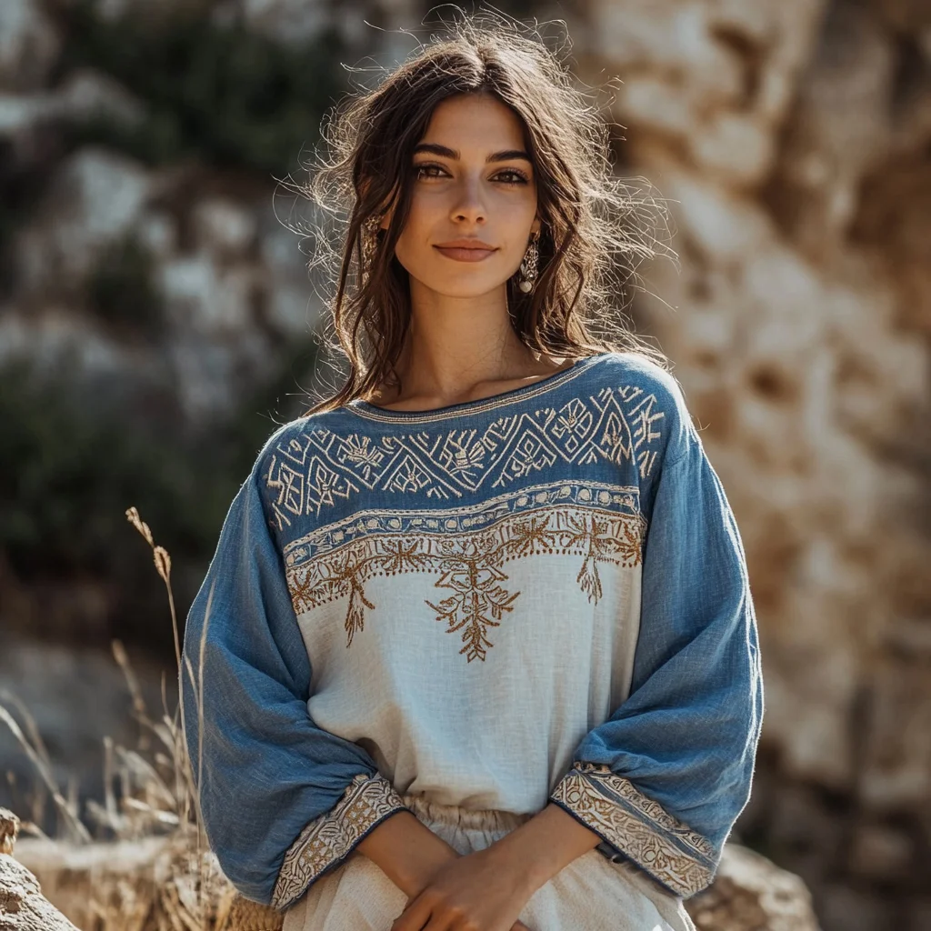 Vintage Greek Key Motif Cretan Embroidery Linen Contrasting Colors T-shirt