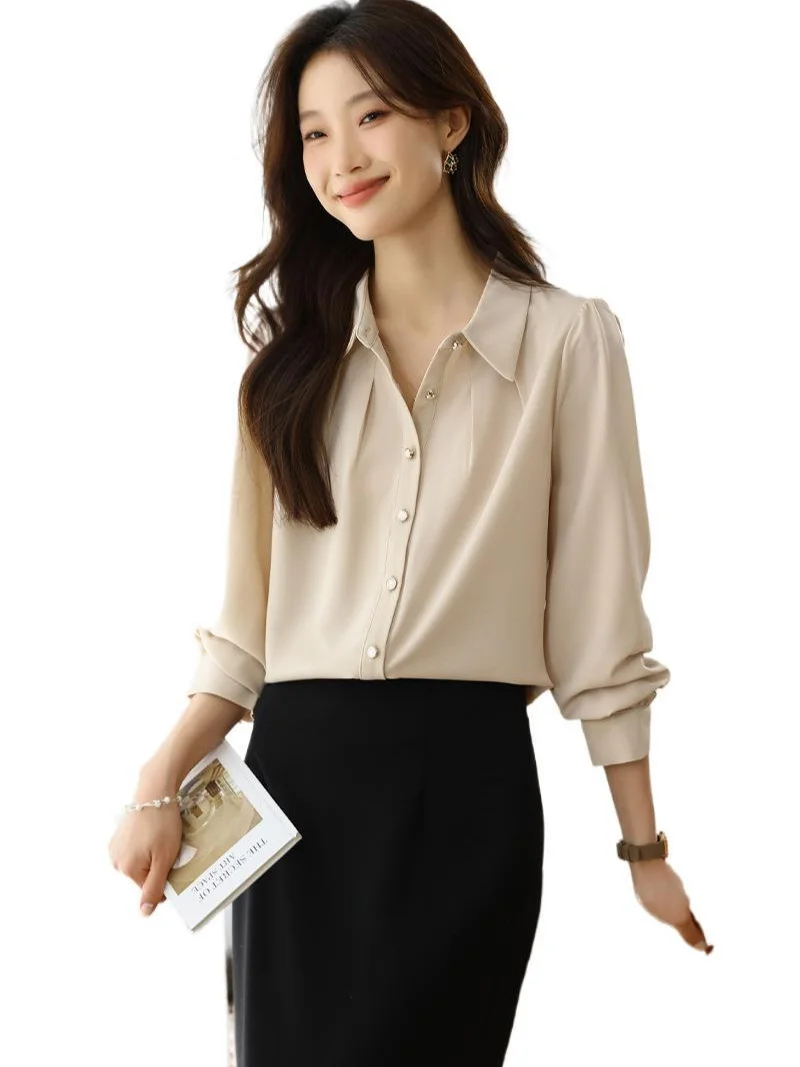 Athvotar Athvotar 2025 New Solid Color Shirt Slim Fashion Shirt Elegant Temperament Commuting OL Chiffon Shirt