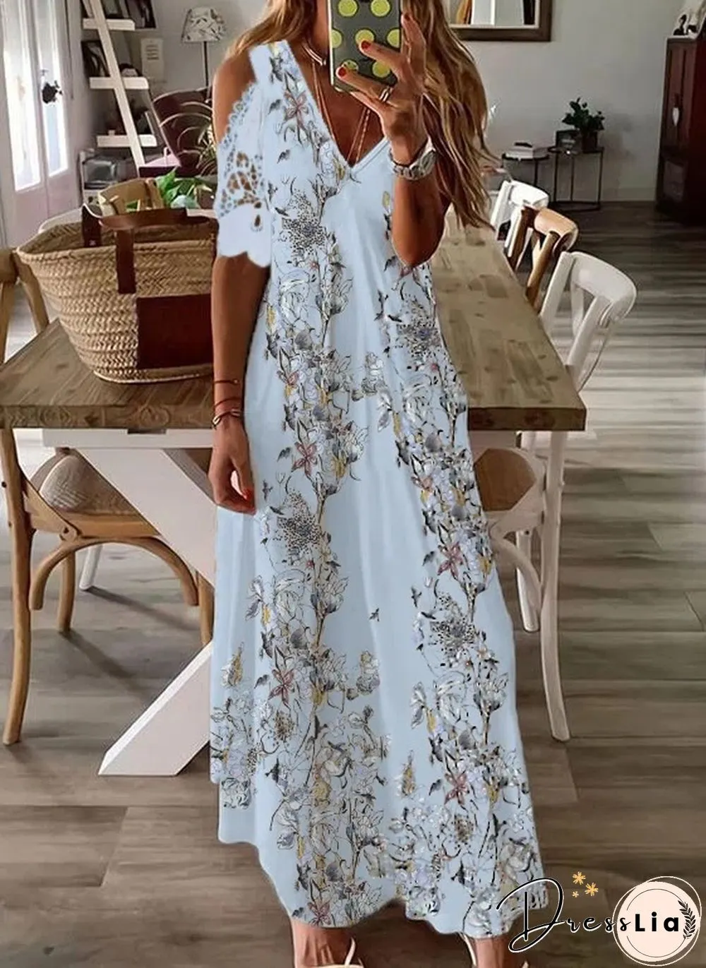 Long Bohemian Dress with Short Sleeve Lace Printing Black Dresses