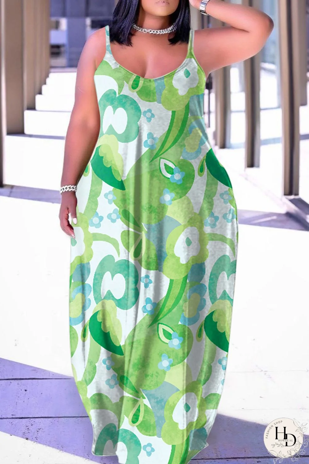 Green Sexy Casual Print Backless Spaghetti Strap Long Dress Dresses