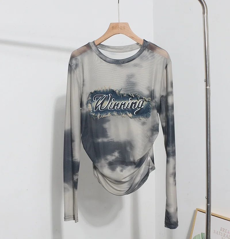 Churchf Real Shooting New Long-Sleeved Mesh Spliced Embroidered Denim Bottom T-Shirt Sun Folding Short Top 2582