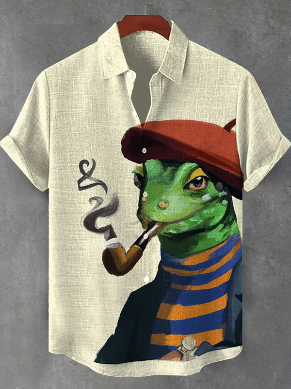 Men's Funny Lizard Gentleman Smoking Art Print Shirt