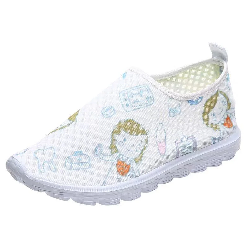 Comemore Cute Cartoon Nurse Women Slip On Sneakers Dentist Mesh Ladies Shoes Light Casual Summer Moccasin Autumn Loafers White