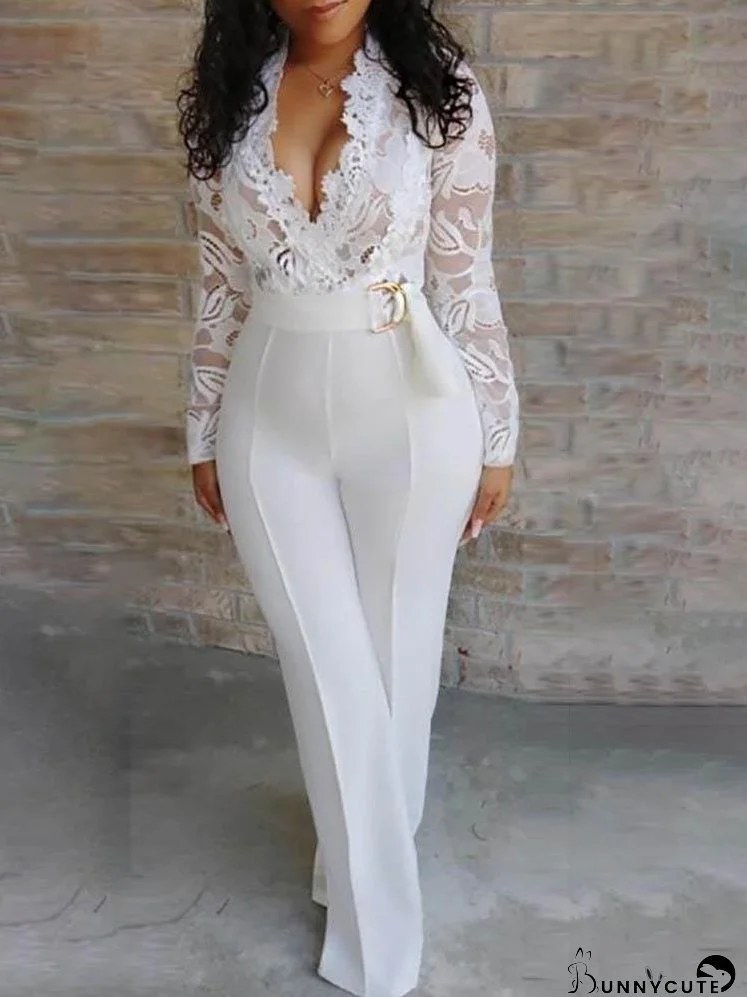 Lace Bodice Plunge Long Sleeve Jumpsuit for Women