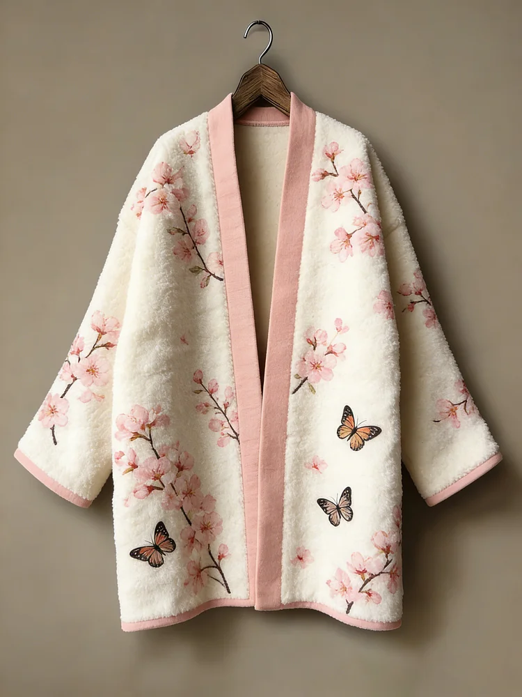 Winter warmest flannel printed and embroidered pattern kimono cardigan
