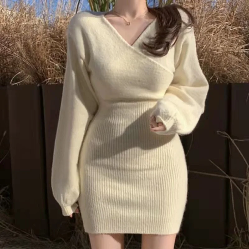 Brownm Brownm Korea Chic Spring And Autumn New Sexy Careful Machine Cross V Collared Hip Dress Women Knitted Short Skirt Sweater Dress