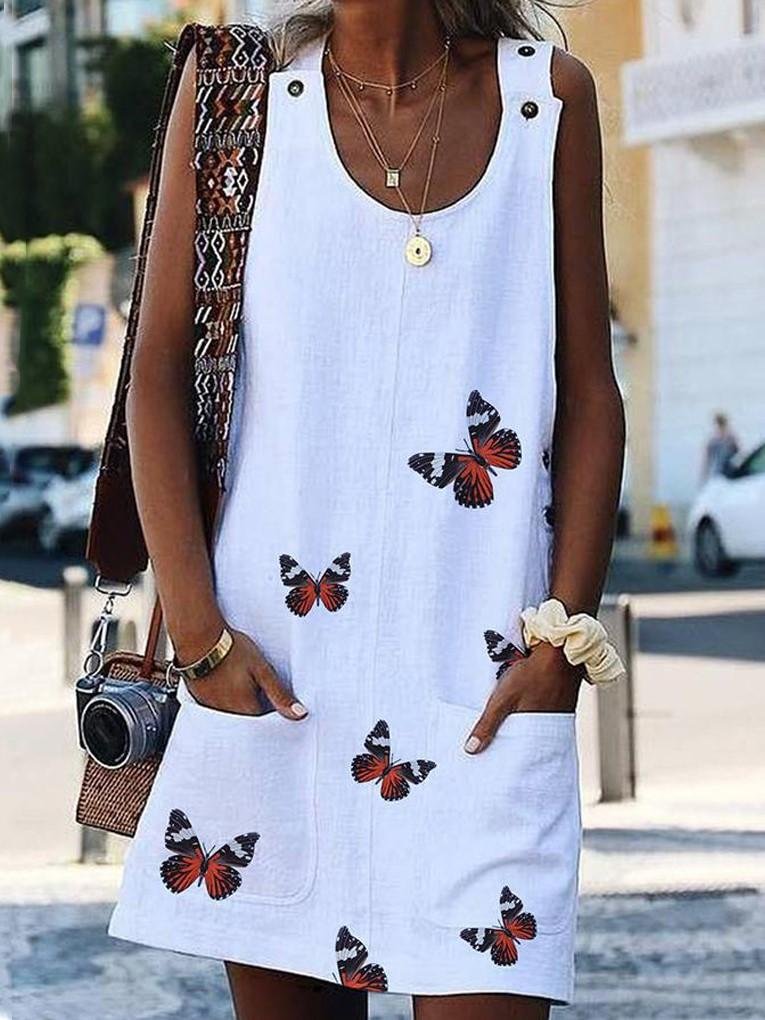 Summer Sleeveless Floral Butterfly Knee Above Casual Loose Mini Dress