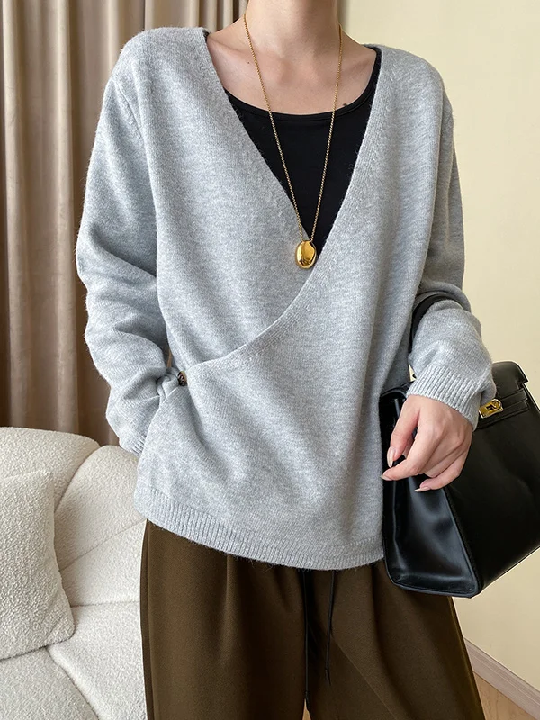 Buttoned Asymmetric Loose Long Sleeves V-neck Sweater Tops